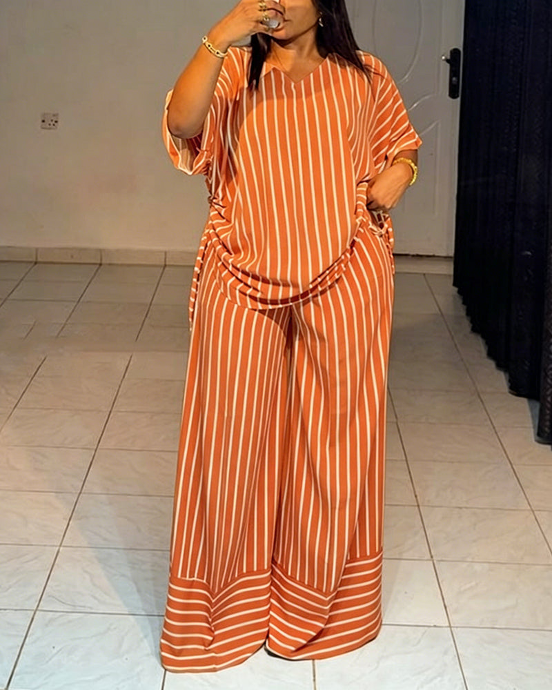 Women's Striped 2 Piece Outfits V Neck Short Sleeve Drawstring Top and Wide Leg Pants Set with Pockets