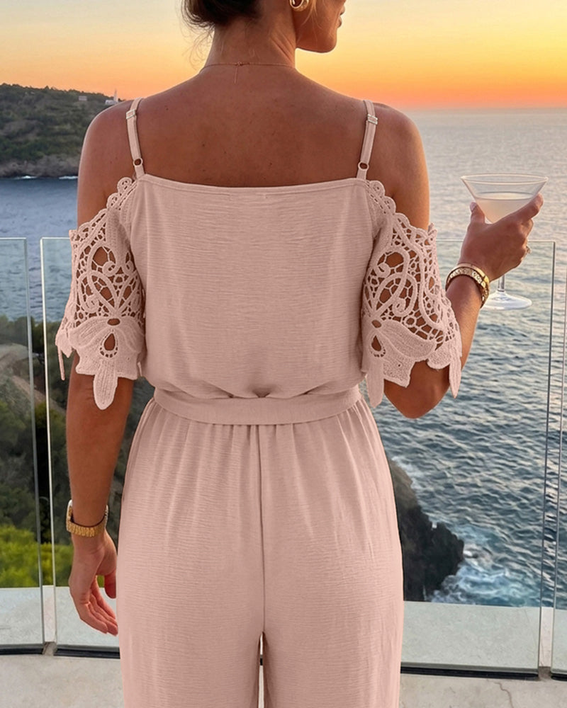 Women's Cold Shoulder Jumpsuit Gold Chain Lace Patchwork Overalls Tapered Leg Jumpsuits with Pockets & Belt