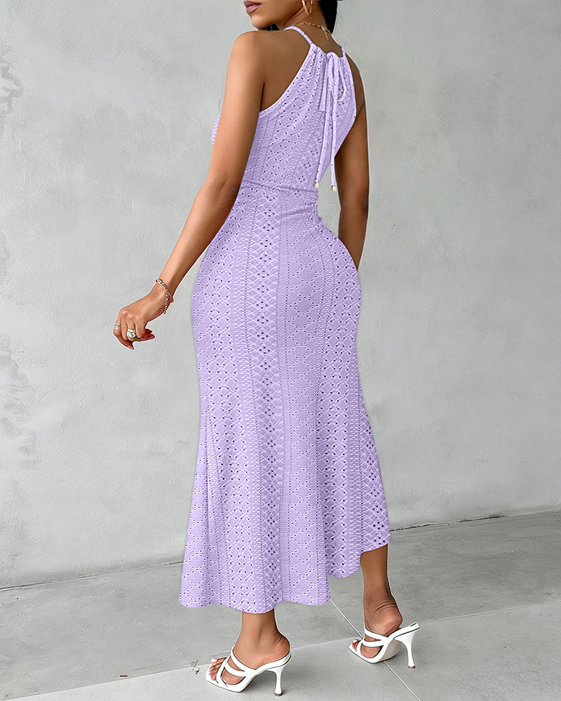 Halter Tie Criss Cross Front Ruched Knit Jacquard Textured Slit Dress Casual Hollow-out Draped Vacation Dress