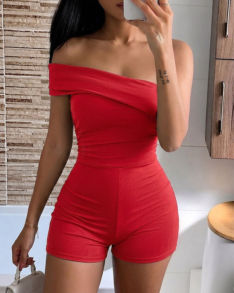 Women's Foldover One Shoulder Romper Slim Fit Sleeveless High Waist Romper
