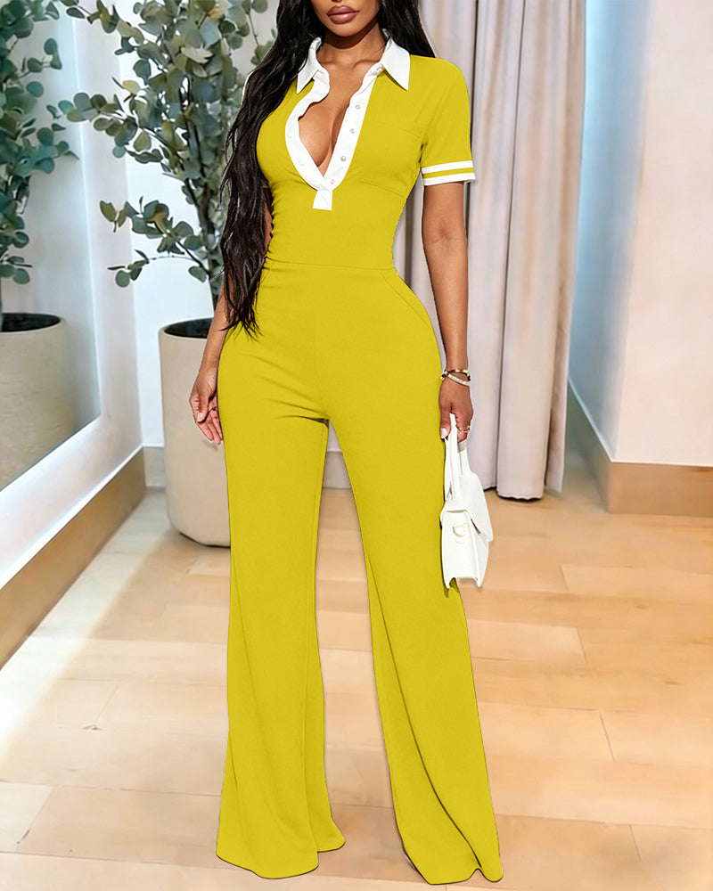 Women's Contrast Polo Neck Jumpsuit Short Sleeve Bodycon Romper Flared Leg Overalls with Snap Button Placket
