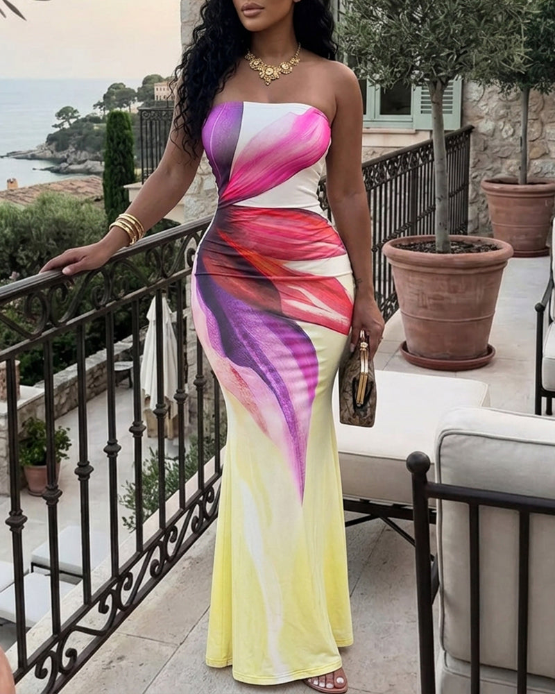 Women's Floral Print Strapless Maxi Dress Sexy Bodycon Mermaid Long Dress Elegant Evening Party Beach Sundress