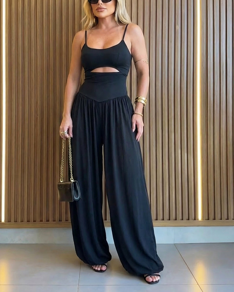 CHICME Women's Cut-out Waist Cami Jumpsuit Backless Tie-Back Lantern Romper Ruched High Waist Summer Jumpsuit