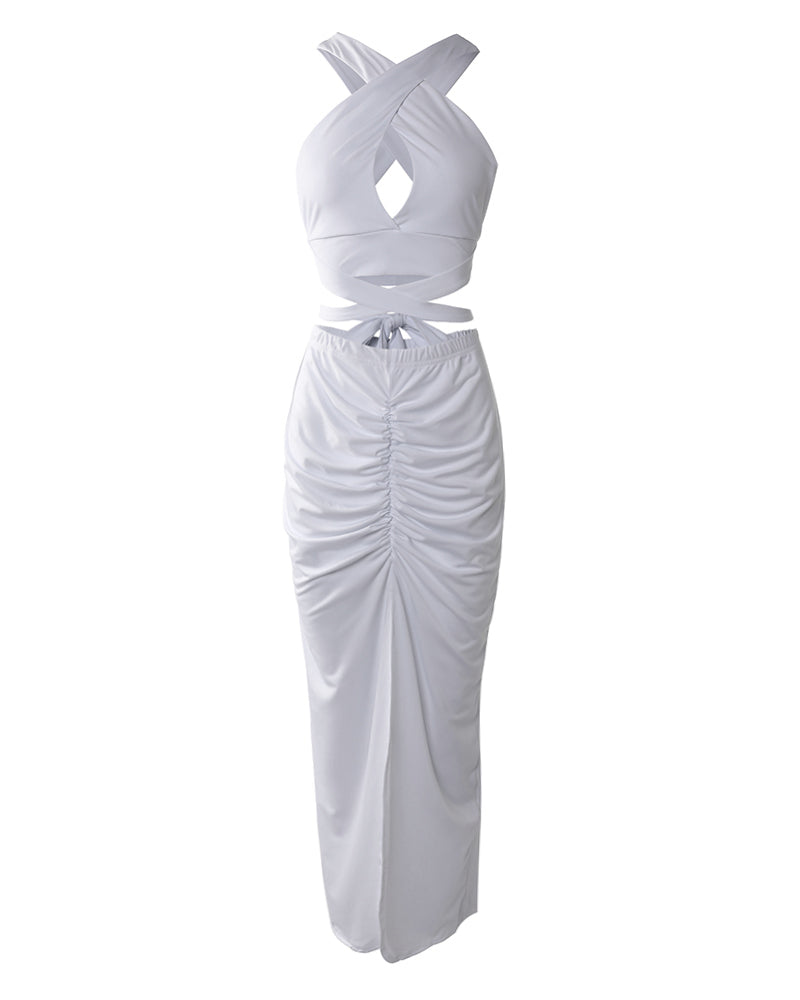 Women's Two Piece Set Criss Cross Halter Backless Crop Top and High Slit Ruched Skirt Sexy Matching Set