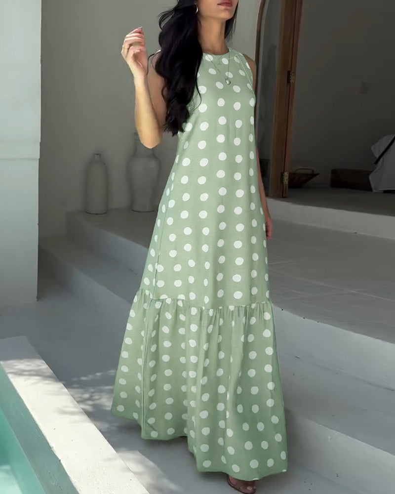 Women's Polka Dot Maxi Dress Casual Sleeveless Lace up Back Vacation Dress Elegant Ruffle Hem Loose A Line Long Sundress