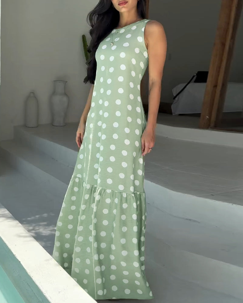 Women's Polka Dot Maxi Dress Casual Sleeveless Lace up Back Vacation Dress Elegant Ruffle Hem Loose A Line Long Sundress