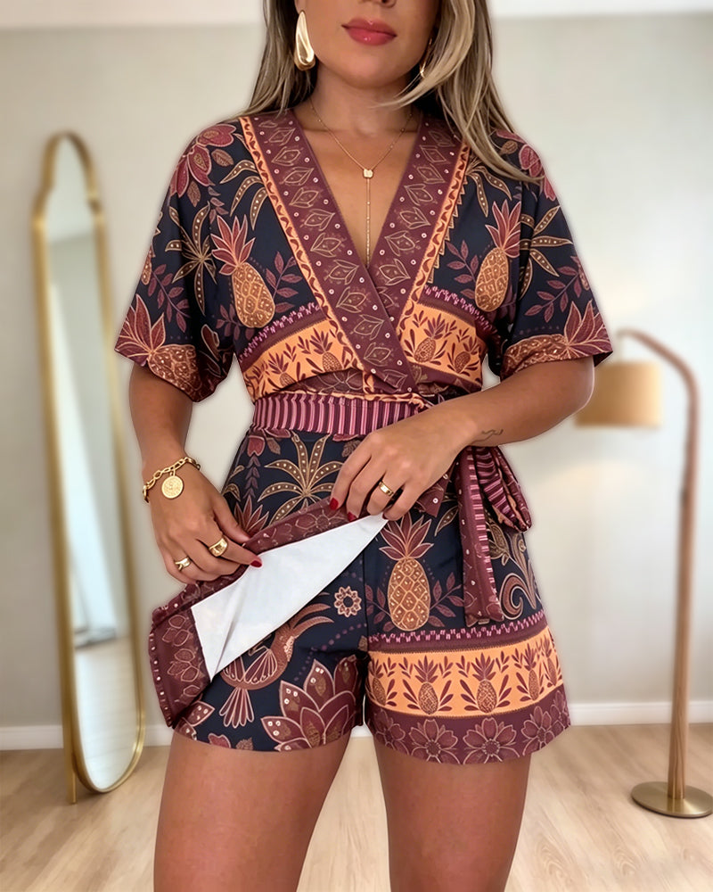 Women's Tropical Print Romper V Neck Wrap Knot Side Jumpsuit Half Sleeve Beach Vacation Summer Skorts Romper