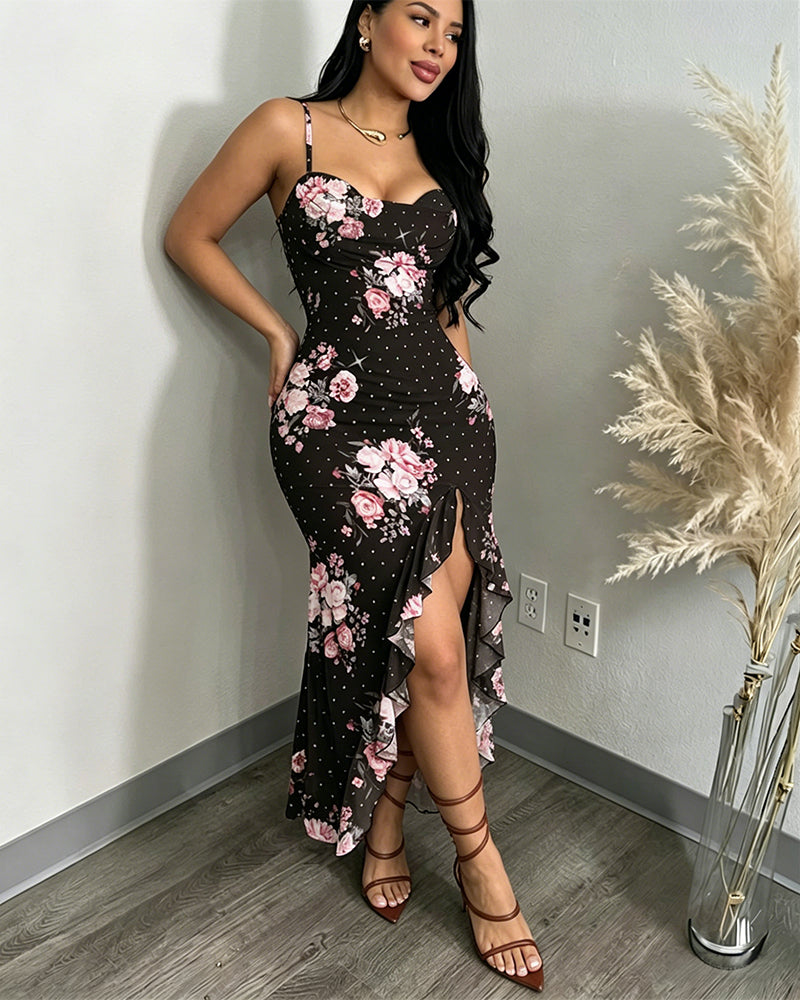 Women's Floral Cowl Neck Cami Midi Dress Casual Rhinestone Mesh Vacation Dress Slit Ruffle Hem Sundress