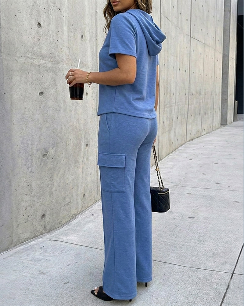 Women's Two Piece Outfits Short Sleeve Hoodie Top and High Waist Cargo Straight Leg Pants Set Casual Lounge Tracksuit