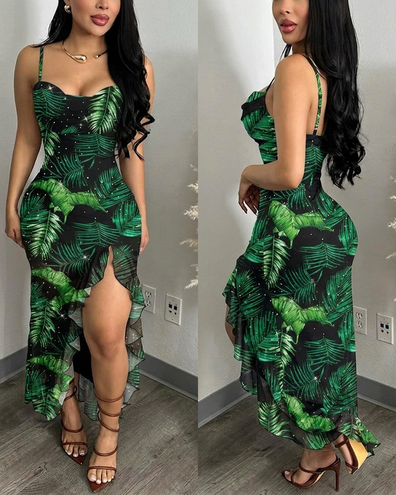 Women's Tropical Plants Cami Midi Dress Casual Rhinestone Mesh Vacation Dress Slit Ruffle Hem Sundress