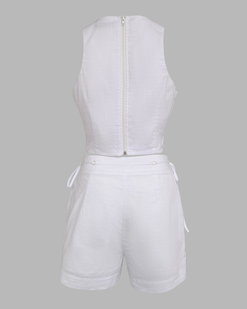 2 Pieces Outfit Button Decor Sleeveless Hollow-out Front Zipper Back Crop Top and Casual Elastic Back Waist Tie Side Shorts Set