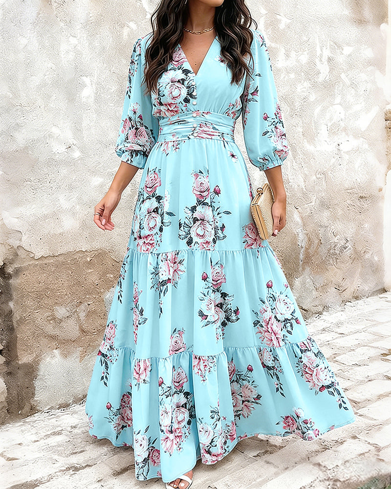 Women's Floral Print Ruffle Hem Maxi Dress V-Neck Three Quarters Sleeve Shirred Back A-Line Vacation Dress