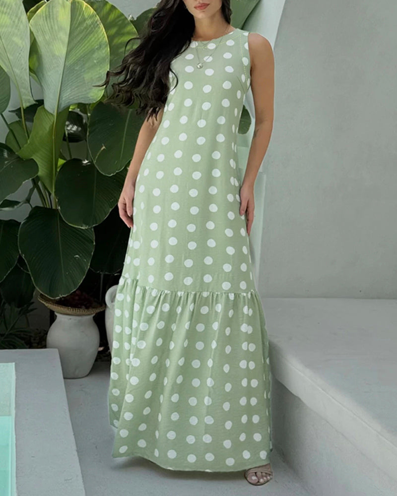 Women's Polka Dot Maxi Dress Casual Sleeveless Lace up Back Vacation Dress Elegant Ruffle Hem Loose A Line Long Sundress