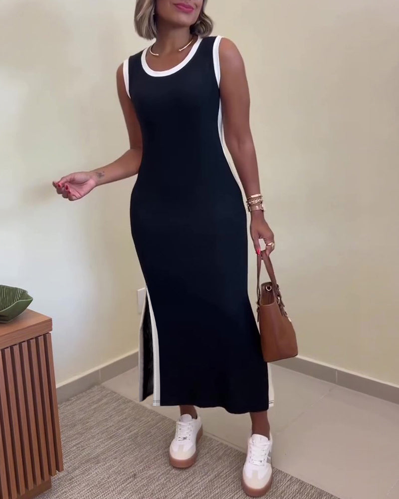 Women's Contrast Binding Tank Dress Slim Fit Sleeveless Maxi Dress Side Slit Casual Knit Sundress