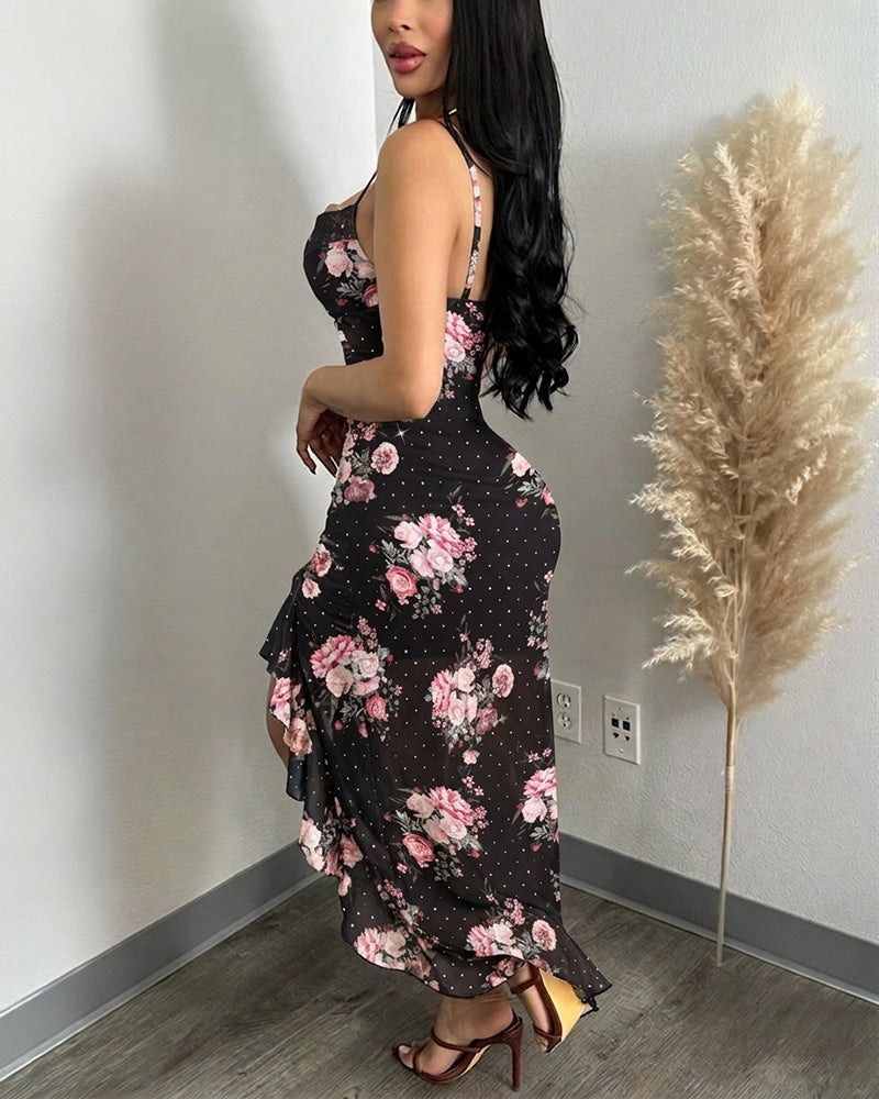 Women's Floral Cowl Neck Cami Midi Dress Casual Rhinestone Mesh Vacation Dress Slit Ruffle Hem Sundress