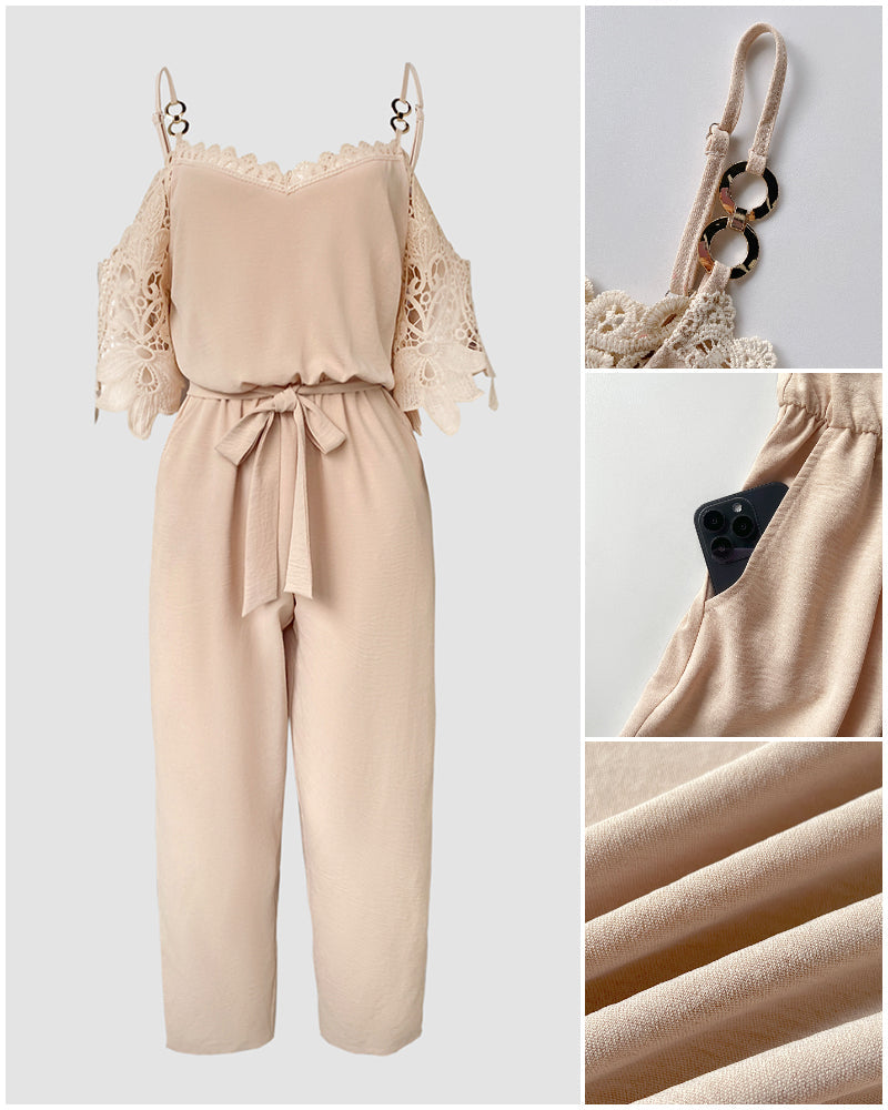 Women's Cold Shoulder Jumpsuit Gold Chain Lace Patchwork Overalls Tapered Leg Jumpsuits with Pockets & Belt