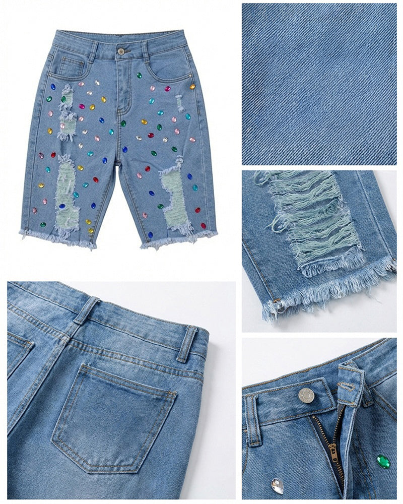 Women's Colorful Rhinestone Ripped Denim Shorts High Waisted Raw Hem Y2K Washed Jean Shorts