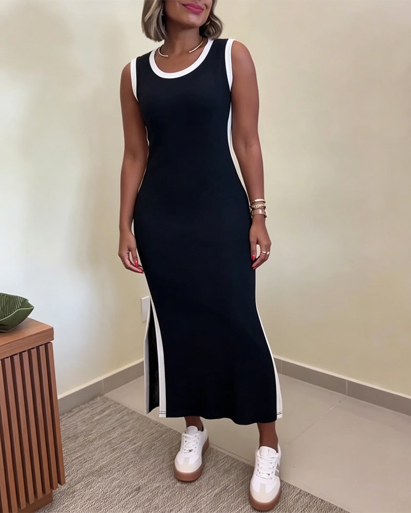 Women's Contrast Binding Tank Dress Slim Fit Sleeveless Maxi Dress Side Slit Casual Knit Sundress