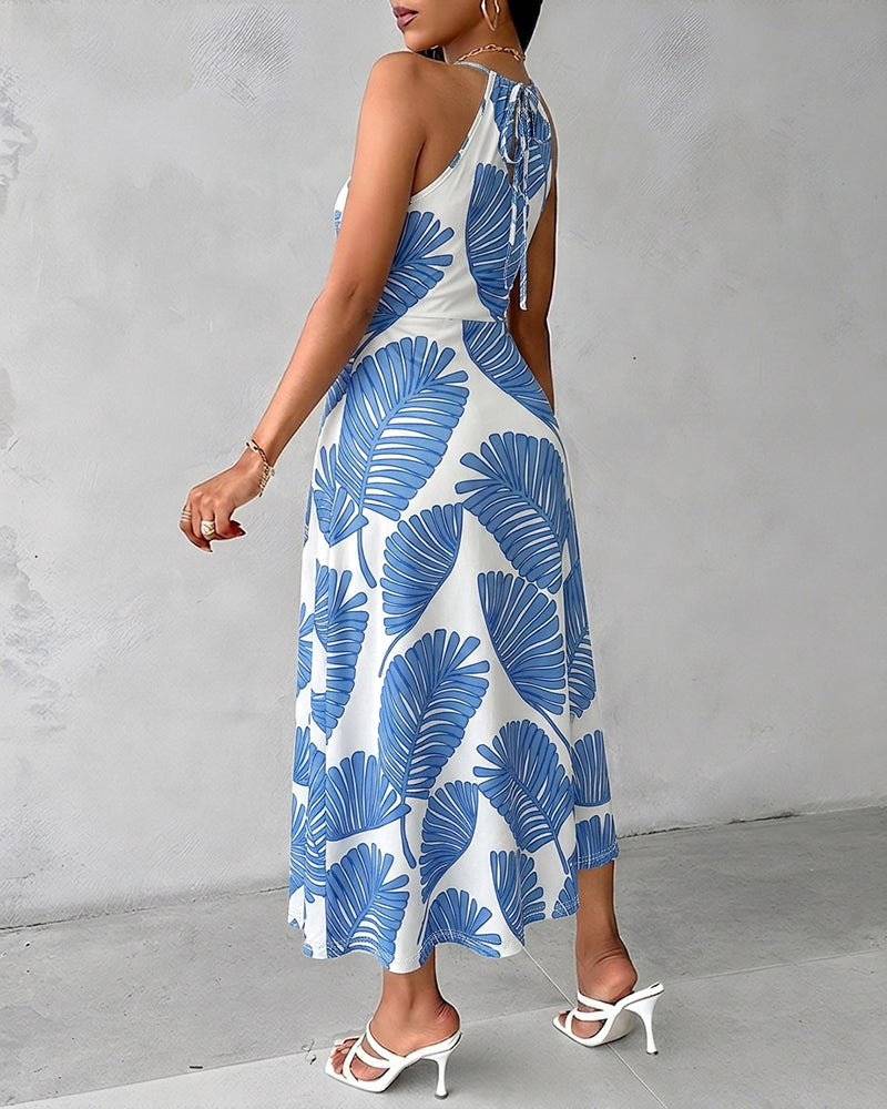 Women's Tropical Palm Leaf Print Halter Tie Midi Dress Sexy Hollow Out Ruched Slit Summer Vacation Dress