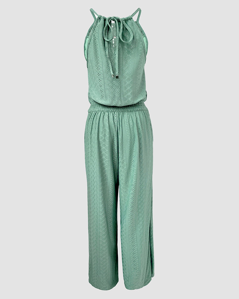 2 Pieces Outfit Halter Tie Guipure Lace Spliced Front Hollow-out Back Top and Elastic Back Waist Wrapped Slit Pants Set Casual Jacquard Textured Vacation Set