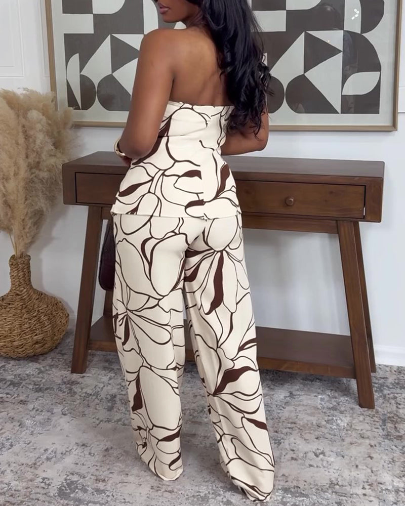 Women's Abstract Print Two Piece Outfits Tube Top and High Waist Wide Leg Pants Set with Detachable Clear Straps