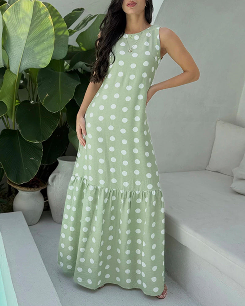 Women's Polka Dot Maxi Dress Casual Sleeveless Lace up Back Vacation Dress Elegant Ruffle Hem Loose A Line Long Sundress
