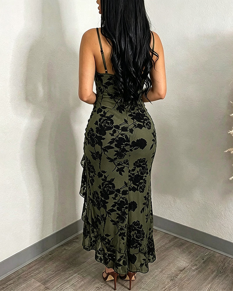 Women's Vintage Flocking Floral Maxi Dress Sexy Cowl Neck Cami Dress High Slit Backless Bodycon Evening Gown