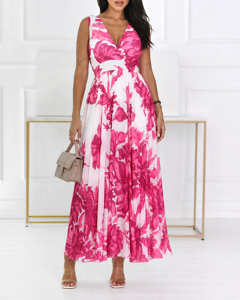 Women's Floral Print Maxi Dress Overlap V Neck Backless Chiffon Sundress Sleeveless High Waist Flowy A-Line Vacation Dress