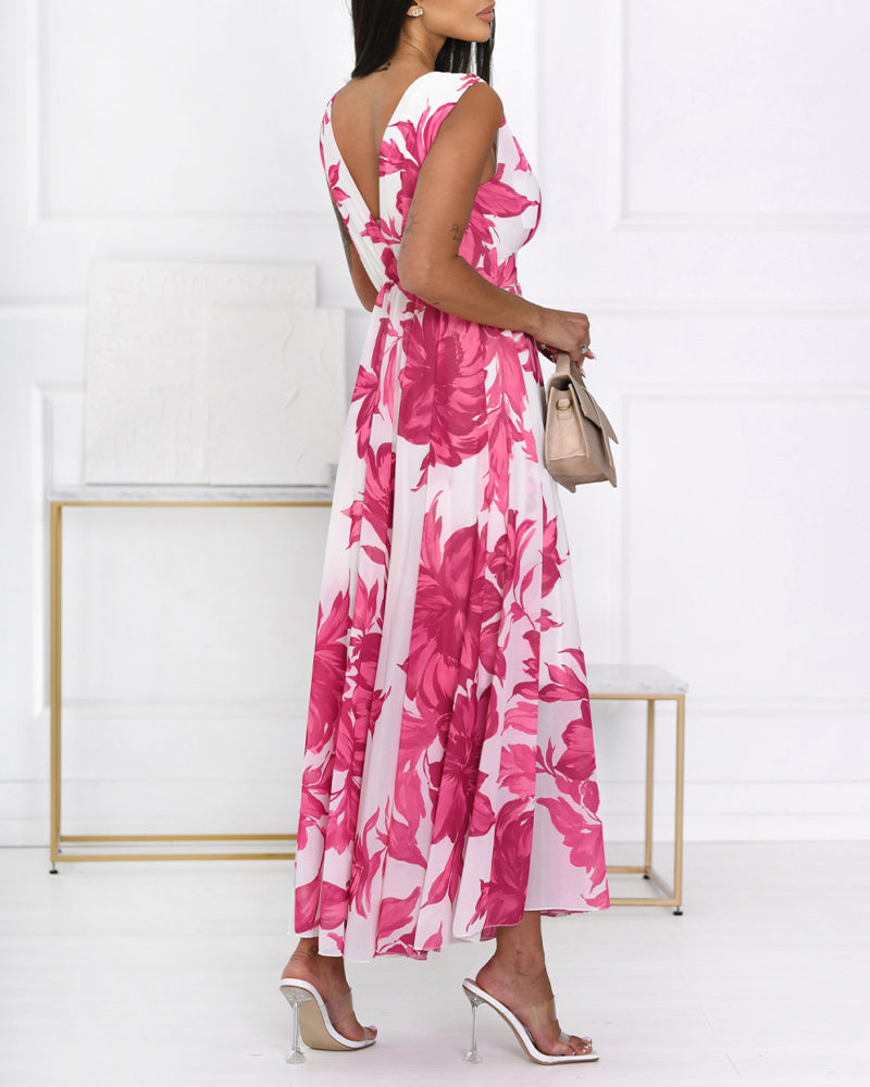 Women's Floral Print Maxi Dress Overlap V Neck Backless Chiffon Sundress Sleeveless High Waist Flowy A-Line Vacation Dress