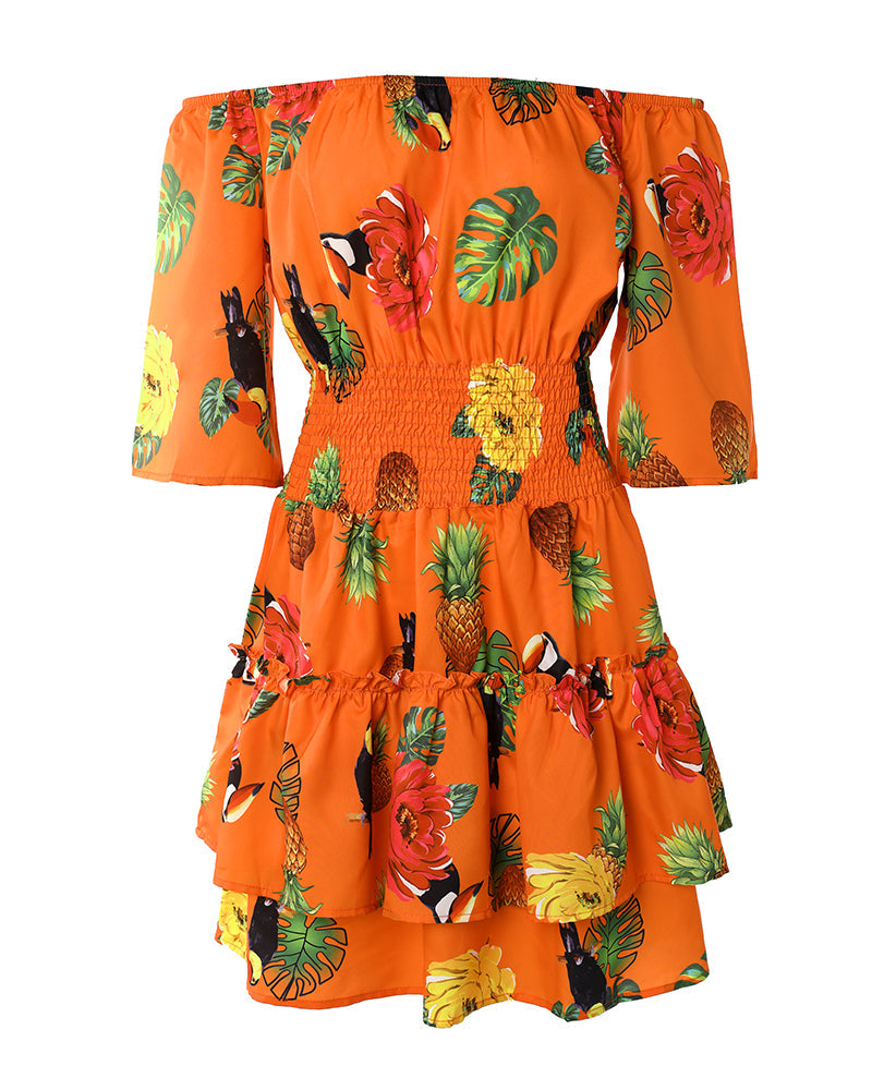 Women's Stretchy Off Shoulder Vacation Dress Tropical Fruit Floral Shirred Waist Ruffle Hem A Line Dress