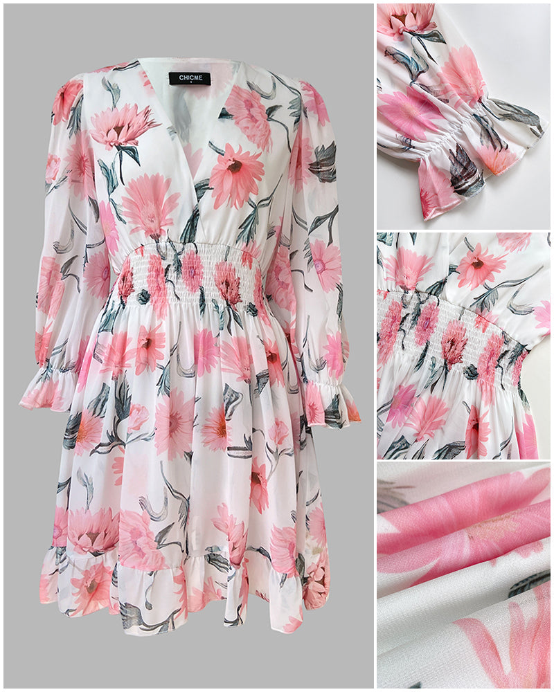 Floral Print Overlap Deep V-Neck Half Sleeve Shirred Waist A Line Dress Casual Flared Cuffs Ruffle Hem Chiffon Dress