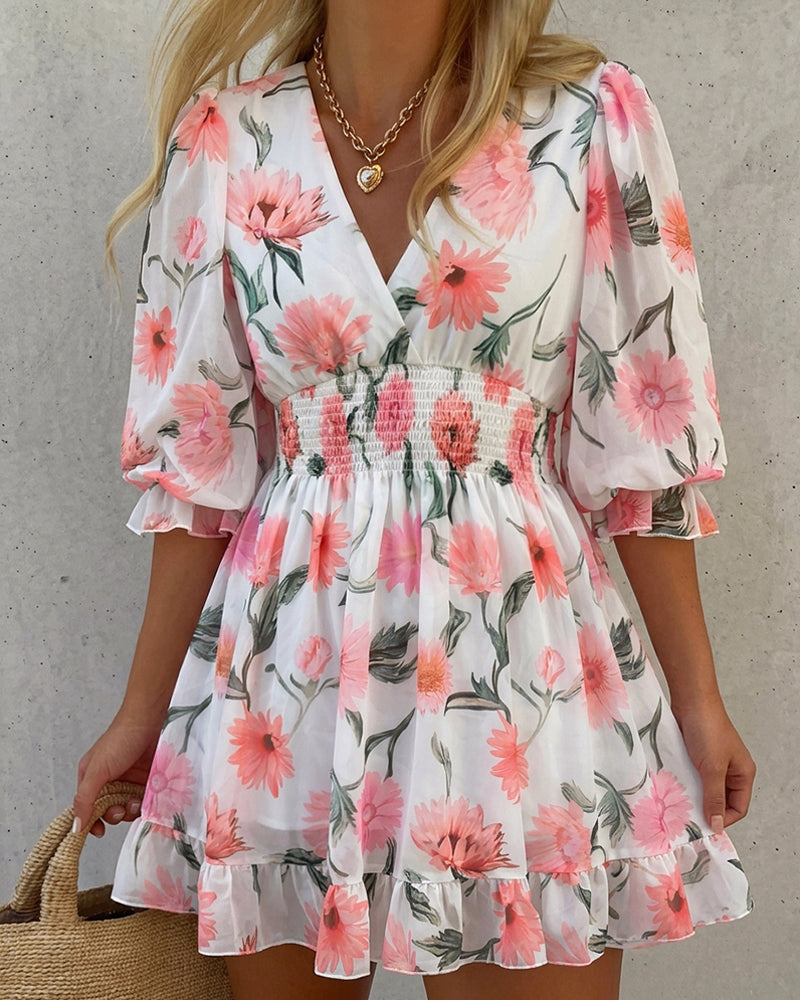 Floral Print Overlap Deep V-Neck Half Sleeve Shirred Waist A Line Dress Casual Flared Cuffs Ruffle Hem Chiffon Dress