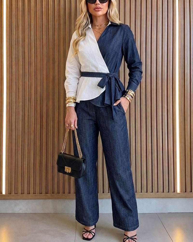 Women's 2-Piece Denim Set Asymmetric Contrast Peplum Top and High Waist Wide Leg Jeans Set with Belt