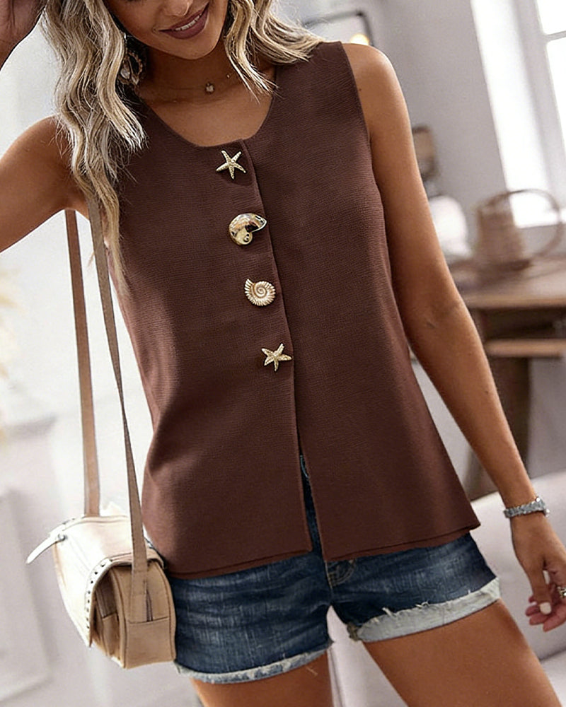 Women's Knit Tank Top Starfish Shell Gold Button Sleeveless Vest Beach Vacation Casual Top
