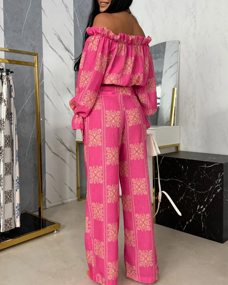 Women's Vintage Print 2 Piece Set Ruffle Off Shoulder Flared Cuff Top and Wide Leg Pants Casual Tropical Vacation Outfits