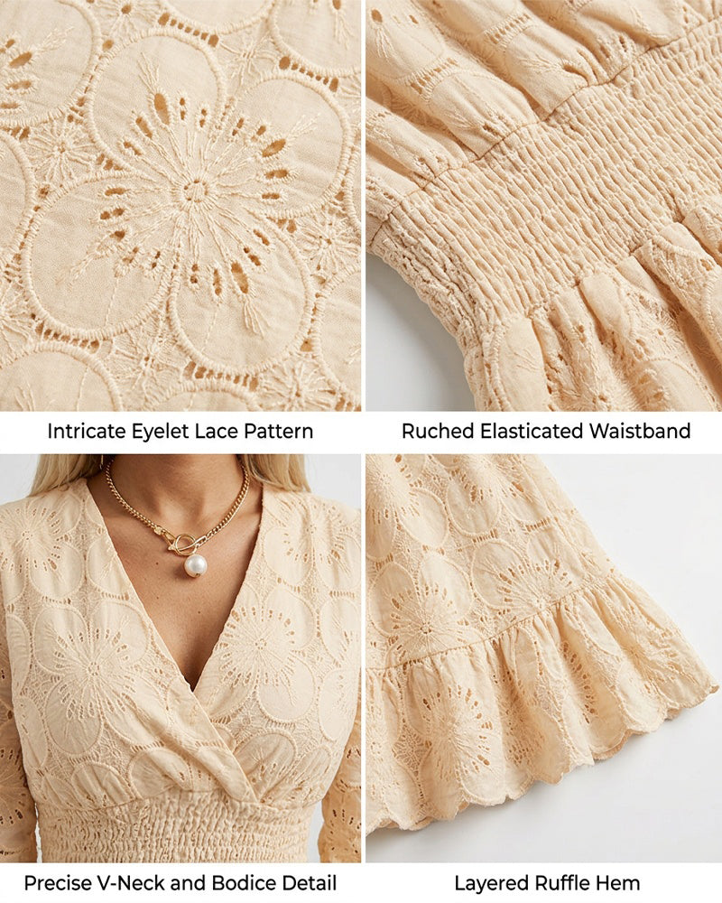 Women's Lace Overlap V-Neck Ruffle Hem Dress Shirred High Waist A-Line Party Dress Three Quarters Sleeve Vacation Dress