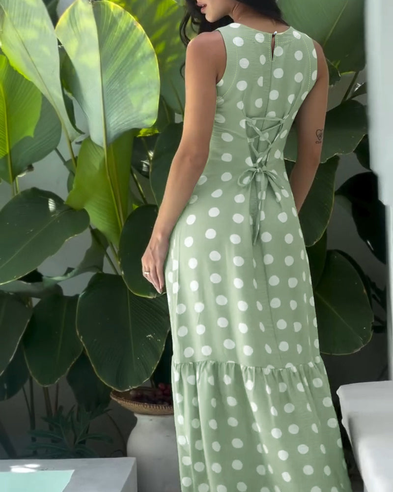 Women's Polka Dot Maxi Dress Casual Sleeveless Lace up Back Vacation Dress Elegant Ruffle Hem Loose A Line Long Sundress