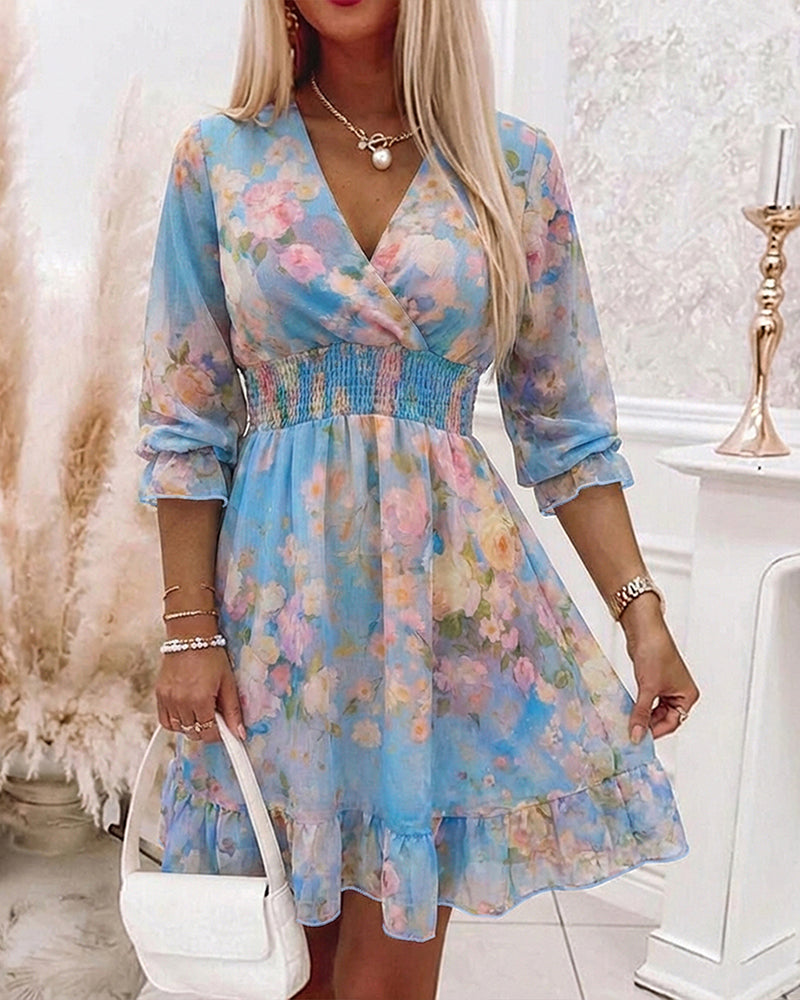 CHICME Women's Watercolor Floral Chiffon Dress Overlap V-Neck Shirred High Waist Vacation Dress A-Line Ruffle Hem Dress