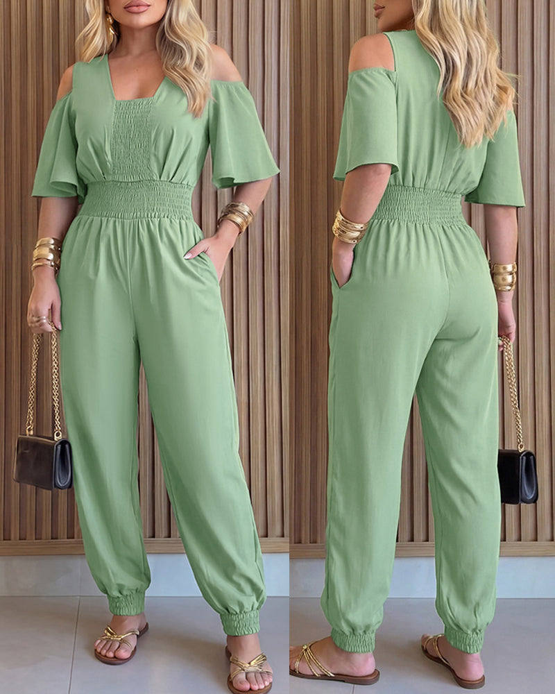 Olyza Shirred Cold-Shoulder Jumpsuit