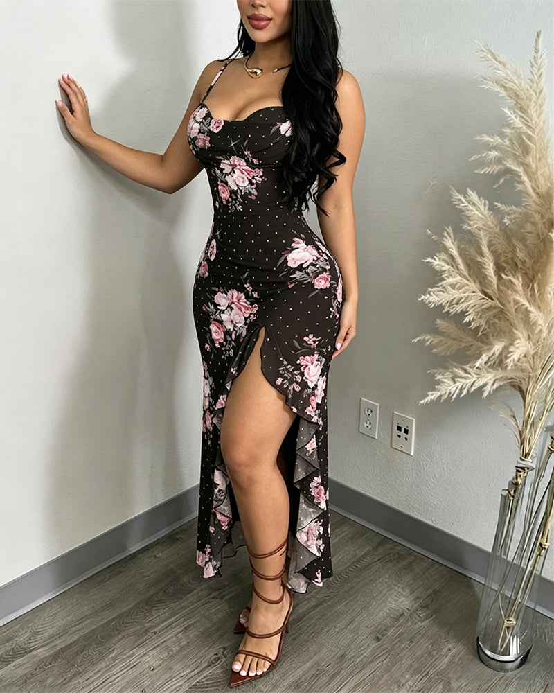 Women's Floral Cowl Neck Cami Midi Dress Casual Rhinestone Mesh Vacation Dress Slit Ruffle Hem Sundress