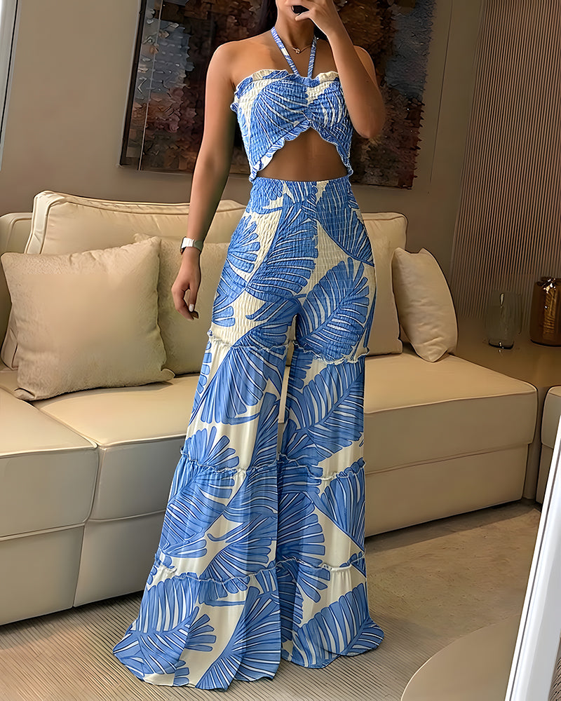 Women's Palm Leaf Print 2 Piece Set Convertible Halter Tie Top and Ruffle Wide Leg Pants Casual Vacation Set