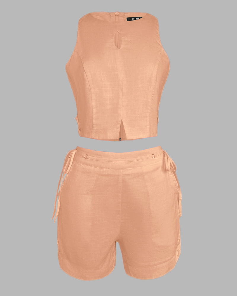 2 Pieces Outfit Button Decor Sleeveless Hollow-out Front Zipper Back Crop Top and Casual Elastic Back Waist Tie Side Shorts Set