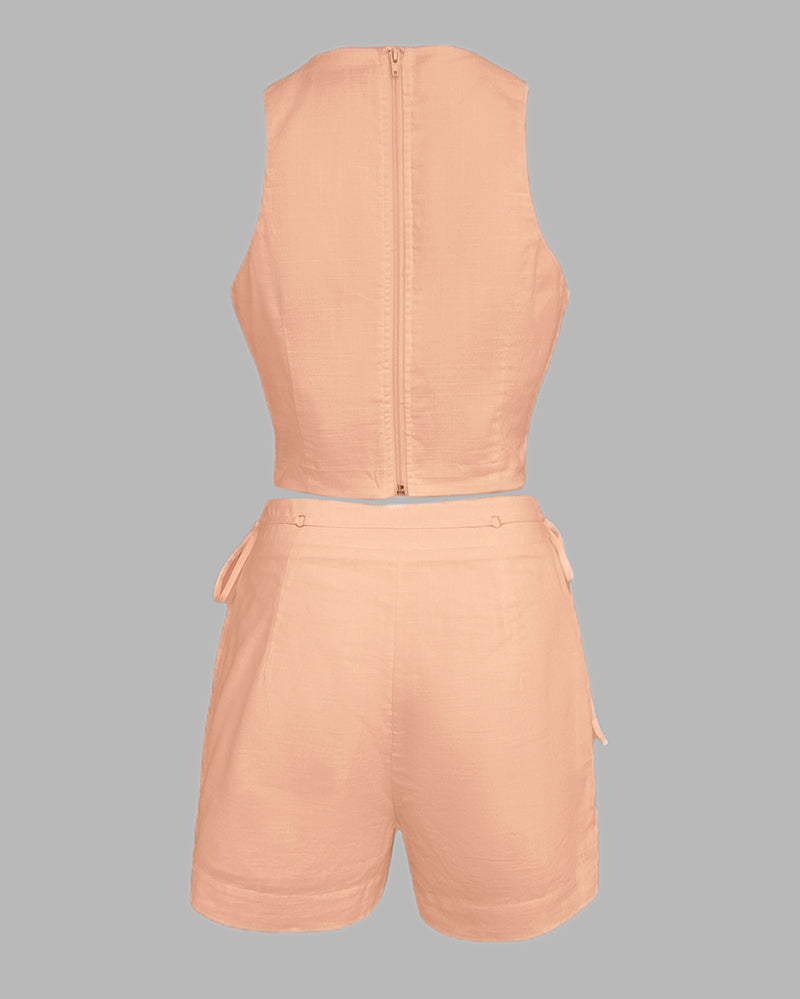 2 Pieces Outfit Button Decor Sleeveless Hollow-out Front Zipper Back Crop Top and Casual Elastic Back Waist Tie Side Shorts Set
