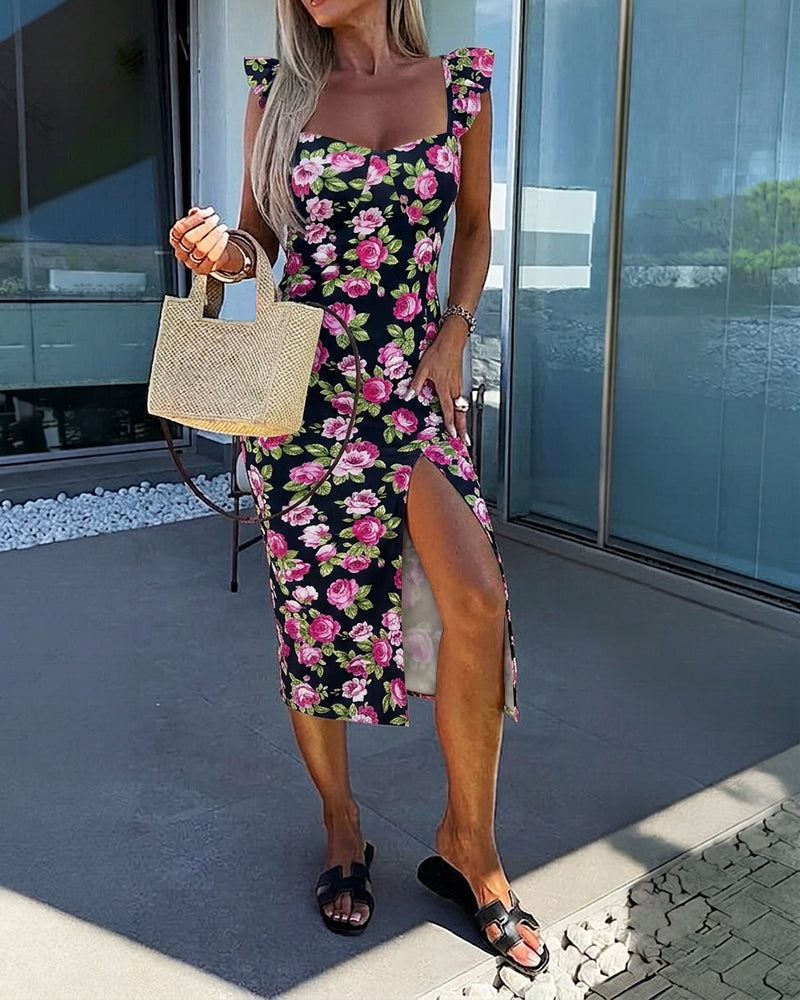 Women's Floral Midi Dress Sweetheart Neck Flutter Sleeve Side Slit Sundress Backless Vacation Dress with Built-In Bra