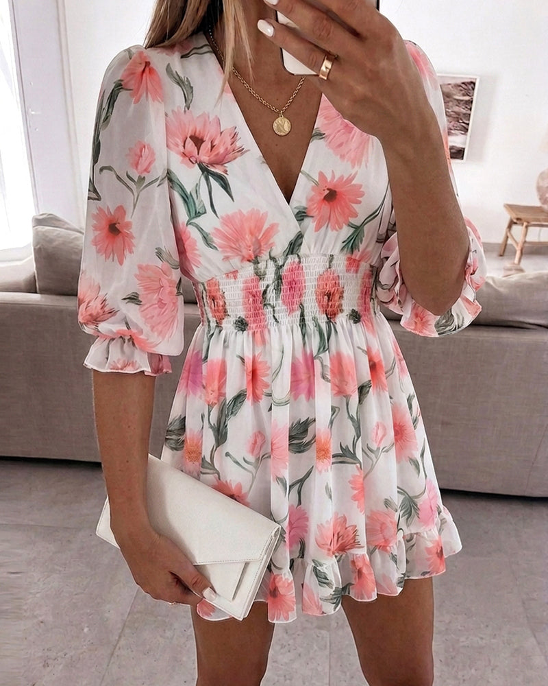 Floral Print Overlap Deep V-Neck Half Sleeve Shirred Waist A Line Dress Casual Flared Cuffs Ruffle Hem Chiffon Dress