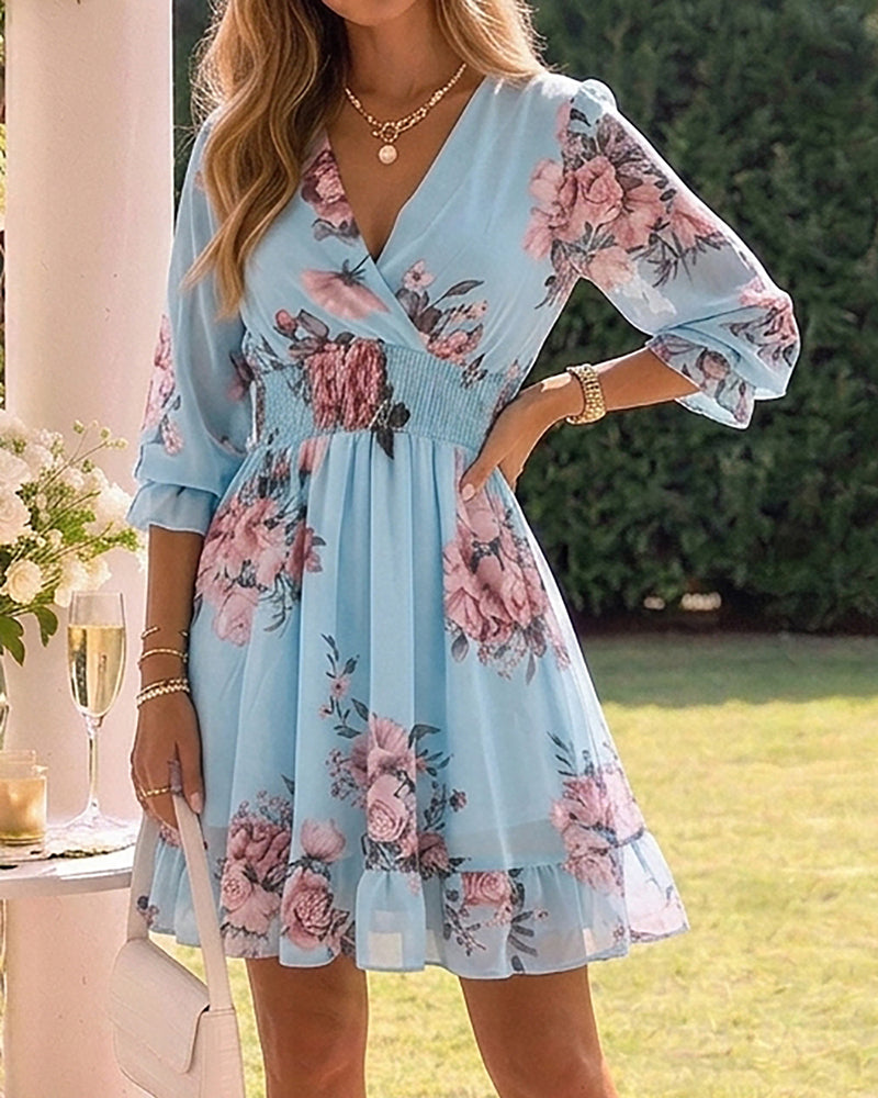 Floral Print Overlap V Neck Three Quarters Sleeve Shirred Waist Ruffle Hem Dress Casual Cinched Waist Flared Cuffs Chiffon Vacation Dress with Lining