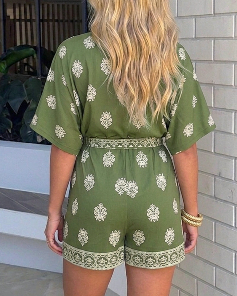 Women's Boho Vintage Print Romper V Neck Wrap Knot Side Jumpsuit Half Sleeve Beach Vacation Summer Skorts Romper