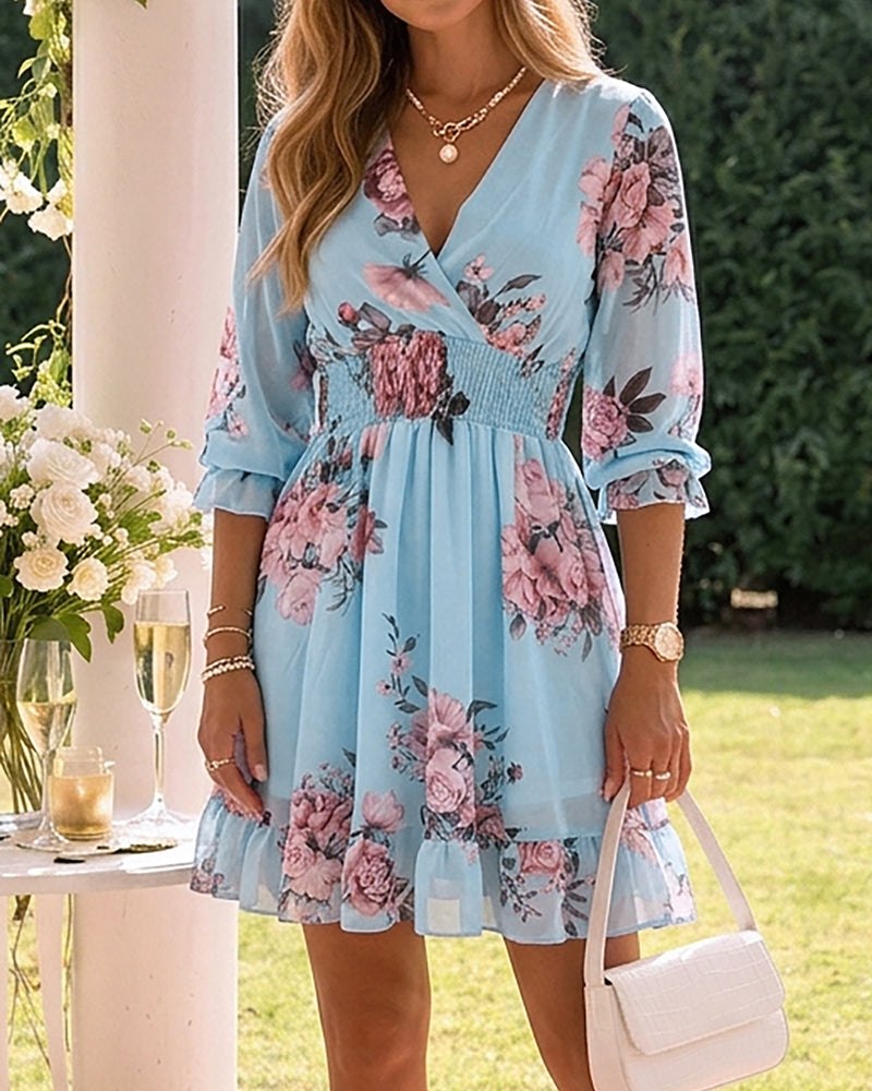 Floral Print Overlap V Neck Three Quarters Sleeve Shirred Waist Ruffle Hem Dress Casual Cinched Waist Flared Cuffs Chiffon Vacation Dress with Lining