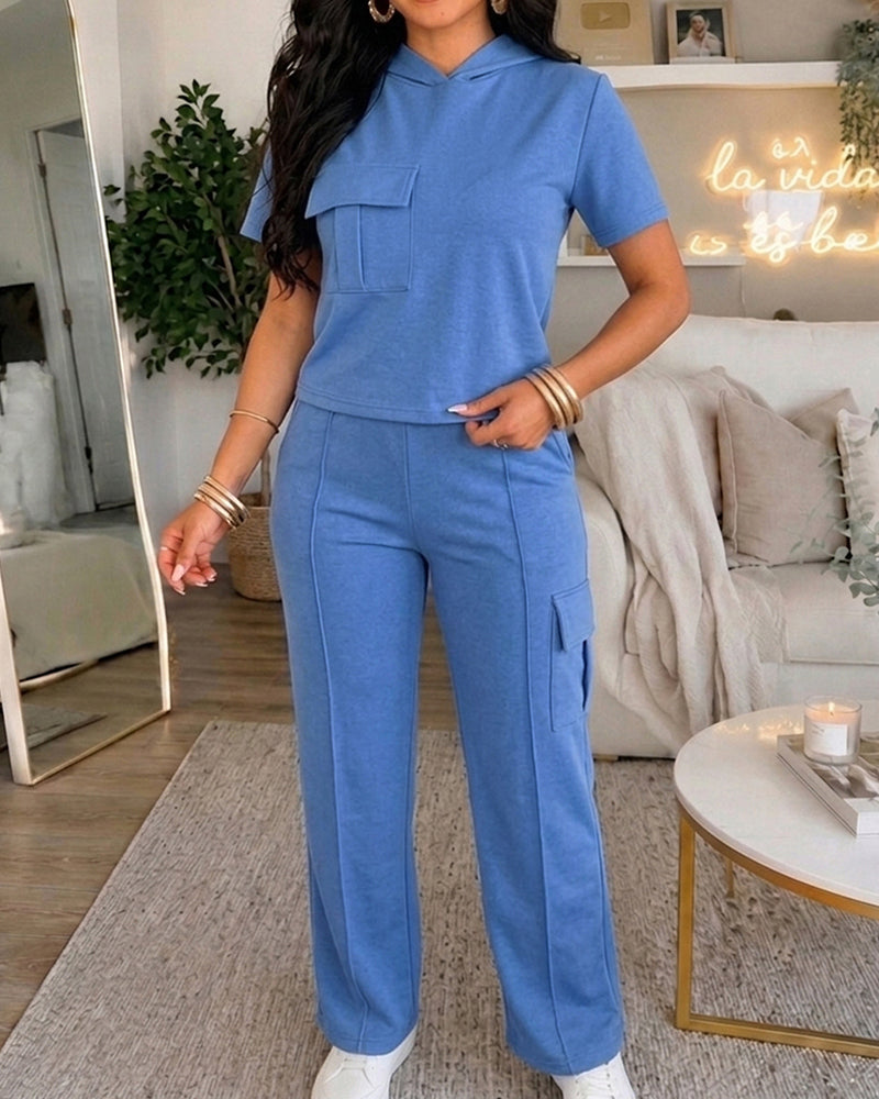 Women's Two Piece Outfits Short Sleeve Hoodie Top and High Waist Cargo Straight Leg Pants Set Casual Lounge Tracksuit