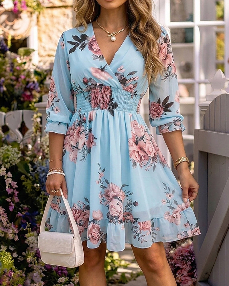 Floral Print Overlap V Neck Three Quarters Sleeve Shirred Waist Ruffle Hem Dress Casual Cinched Waist Flared Cuffs Chiffon Vacation Dress with Lining